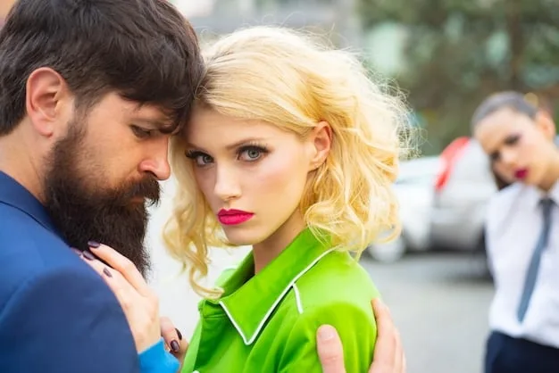 A paparazzi shot of a celebrity couple looking stressed and arguing in public. The image should convey tension and disagreement.