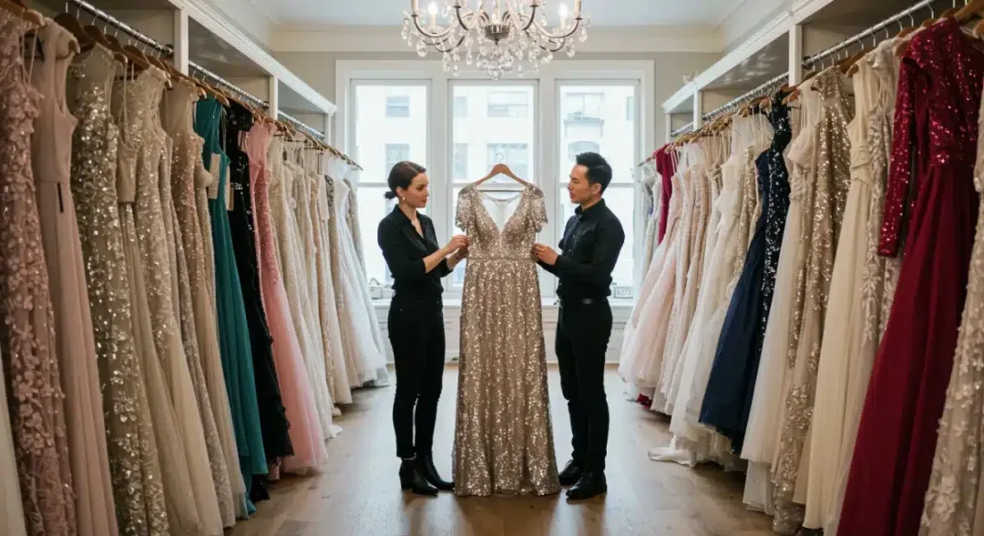 Luxury showroom with designer gowns for awards season.