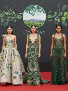 Red carpet event with celebrities in sustainable fashion choices, 2026