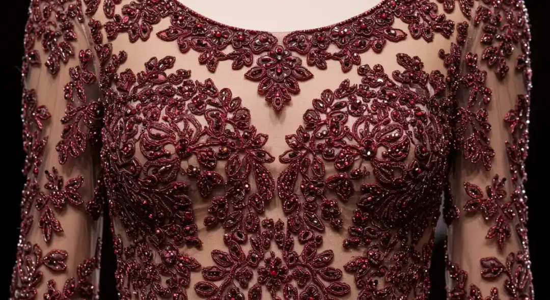 Intricate haute couture gown detail for Golden Globes 2026 fashion.