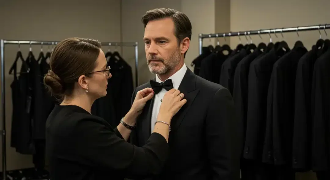 Celebrity stylist making final adjustments to an awards show outfit.
