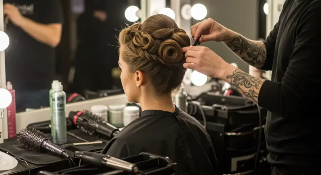 Hairstylist creating intricate updo for celebrity red carpet look.