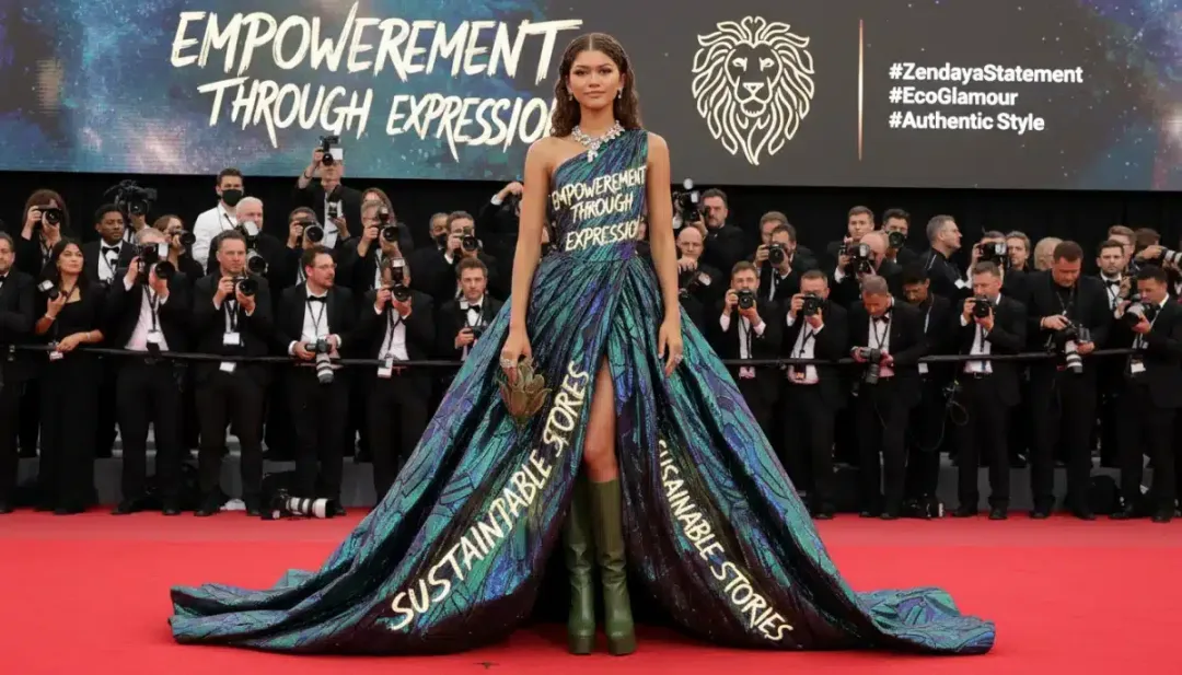 Celebrity in a unique, authentic red carpet outfit, showcasing personal brand.