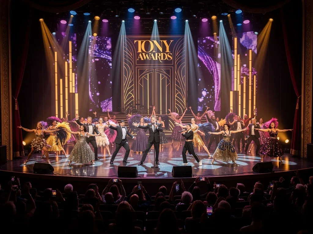 Dynamic stage performance at 2026 Tony Awards with dazzling lights