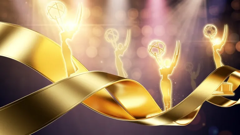 Dynamic golden ribbons and Emmy statuettes symbolizing 2026 category changes.