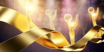 Dynamic golden ribbons and Emmy statuettes symbolizing 2026 category changes.