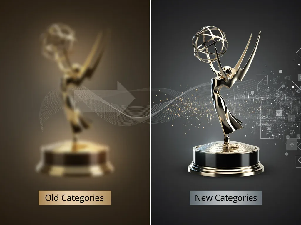Visual representation of Emmy statuettes transitioning between old and new category structures.