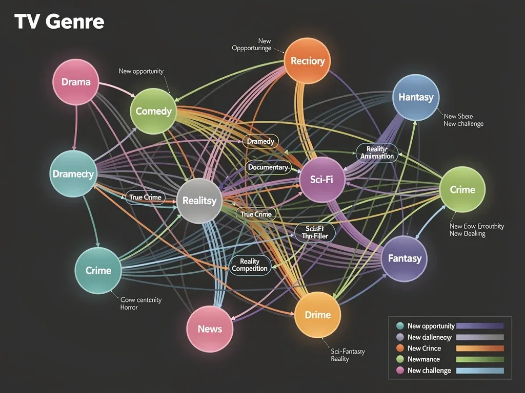 Network diagram illustrating interconnected television genres and new Emmy category pathways.
