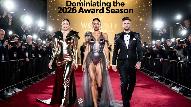 Celebrities on a vibrant red carpet displaying the latest fashion trends for the 2026 award season.