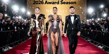 Celebrities on a vibrant red carpet displaying the latest fashion trends for the 2026 award season.