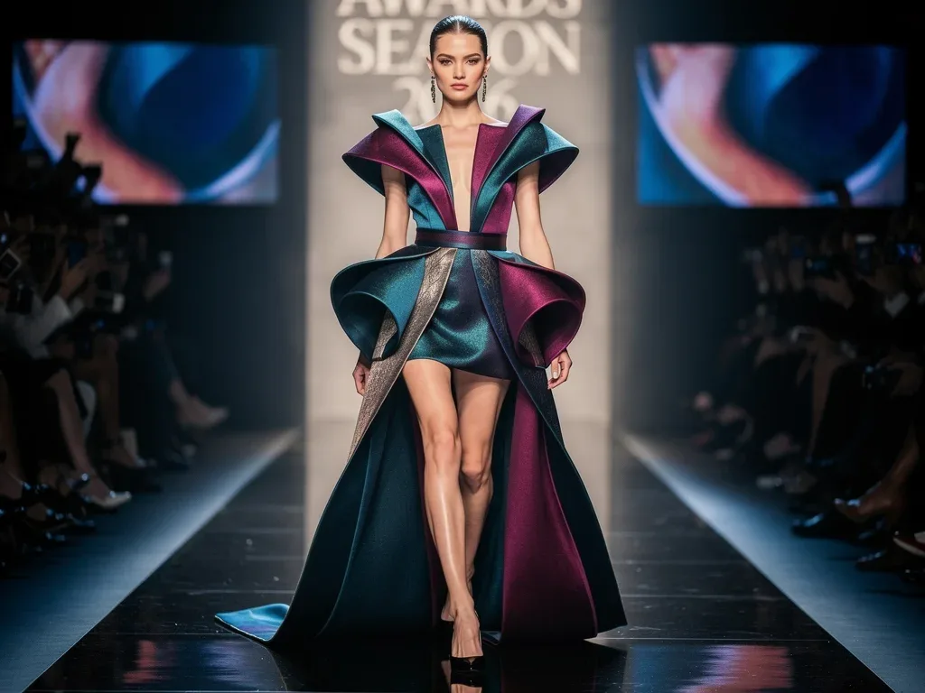 Model in a voluminous, architectural dress, representing a dramatic 2026 red carpet fashion trend.