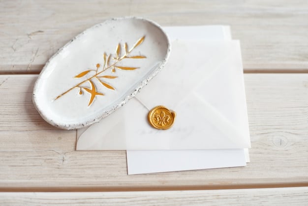 A close-up shot of a wedding invitation with elegant calligraphy. The invitation is sealed with wax and features a minimalist design, hinting at the secrecy and exclusivity of the event.
