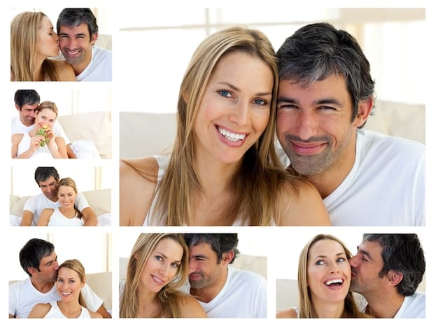 A split-screen image. On one side, a celebrity couple is smiling and posing for a perfectly staged photo together. On the other side, a grainy, candid paparazzi shot shows the same couple looking tense and stressed. The contrast highlights the curated vs. real aspects of their relationship.