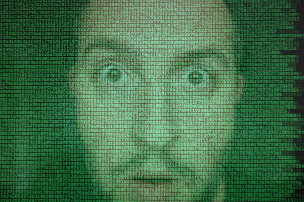 A stylized image showing the US President's face subtly glitching and distorting, with binary code floating around it, symbolizing the deepfake technology used to create the fake video.