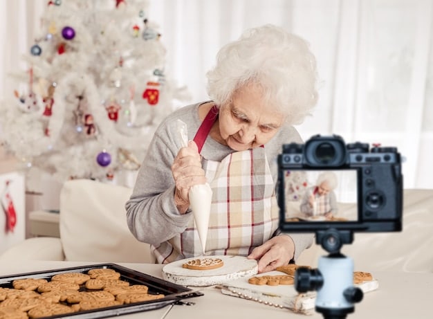 A still frame from the grandma's cooking fail video, showing her covered in flour with a sheepish grin. The image should convey the humor and heartwarming nature of the video.