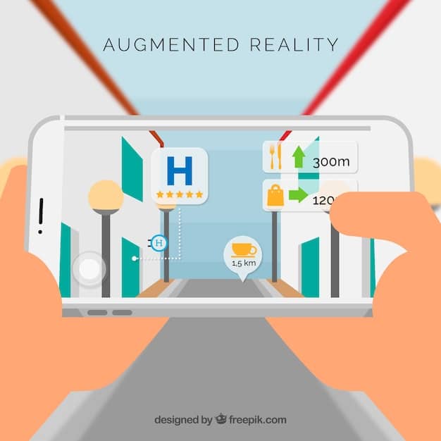 A user interacting with an augmented reality (AR) filter on their phone, overlaid with a brand's logo and promotional elements; next to them, a group of people engaging in an interactive installation with touchscreens and projection mapping.