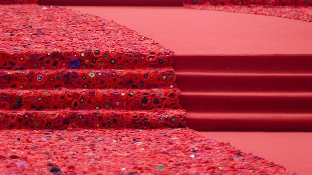 A collage displaying various social media posts highlighting celebrity red carpet looks. Include screenshots from Instagram, Twitter, and Pinterest showing close-ups of outfits, accessories, and makeup.