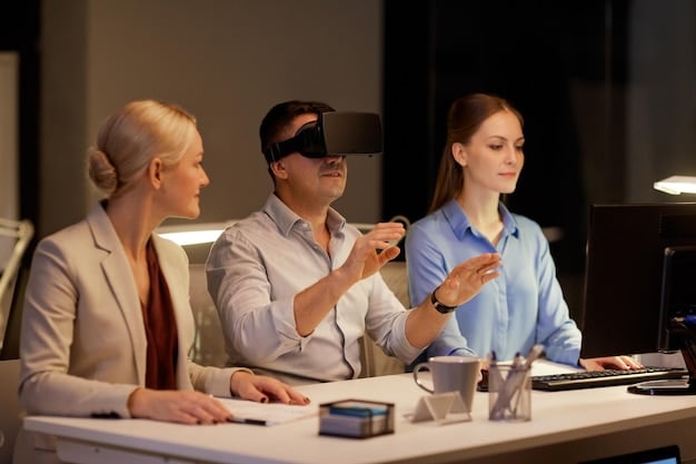 A high-tech award show with attendees wearing AR glasses that project information about the nominees and presenters, showcasing the integration of technology and entertainment.