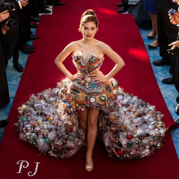 Zendaya in a vibrant, custom Versace gown at the Met Gala. The gown is intricately designed with bold colors and a dramatic silhouette, showcasing Zendaya's fearless fashion sense.