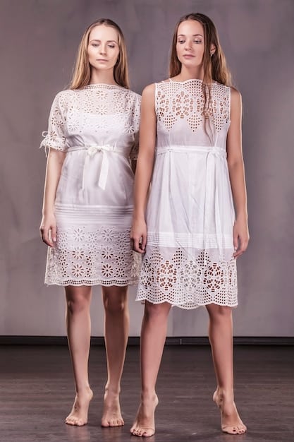 A side-by-side comparison of two dresses: one made from a matte, well-draping fabric that looks elegant, and another made from a very shiny, reflective material that appears harsh under bright lighting.