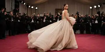 Celebrity in floor-length gown on 2026 red carpet, embodying emerging fashion trends.