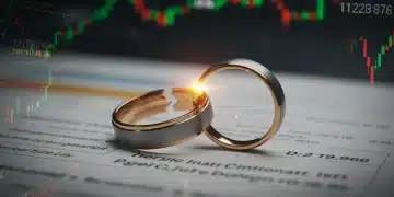 Stylized broken wedding rings with financial documents, symbolizing celebrity divorce financial impact