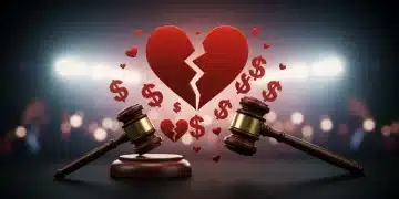 Stylized graphic representing the financial and legal impact of celebrity breakups.