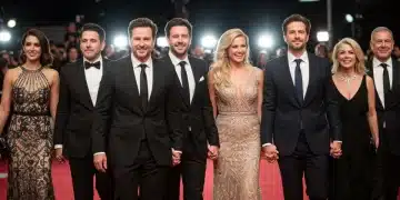 Diverse celebrity couples smiling on a red carpet, symbolizing enduring high-profile marriages