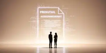 Stylized illustration of celebrity couple reviewing a modern prenuptial agreement document, representing asset and privacy protection.