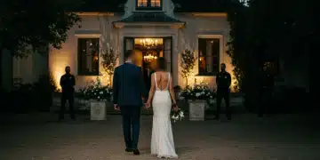 Secret Celebrity Weddings 2026: Insider Strategies Revealed Discreet celebrity couple walking away from a private wedding venue at dusk, symbolizing a secret ceremony.