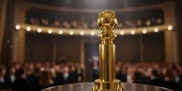 Golden Globe award statuette on a stage, symbolizing prestigious film and television recognition