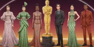 Oscar 2026 red carpet trends illustration with celebrities in cutting-edge sustainable and architectural fashion.