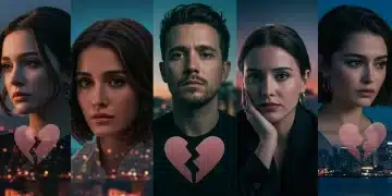 Collage of five famous celebrity faces with subtle broken heart imagery, symbolizing the top breakups of 2026 and their emotional impact.