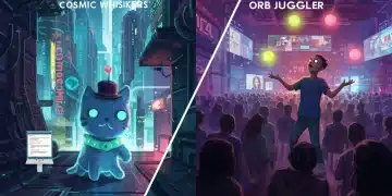 Illustration of two viral memes, Cosmic Whiskers and Orb Juggler, transitioning from obscure online forums to mainstream national recognition in early 2026.