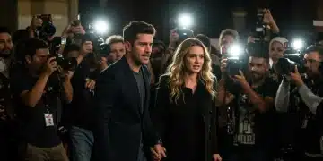 Celebrity couple navigating aggressive paparazzi, flashing cameras, and intense media scrutiny.