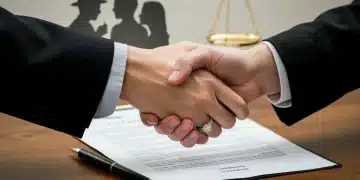 Couple shaking hands over prenuptial agreement document, symbolizing legal protection.