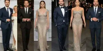 Five famous celebrity power couples smiling on a red carpet, showcasing their enduring relationships and public presence.