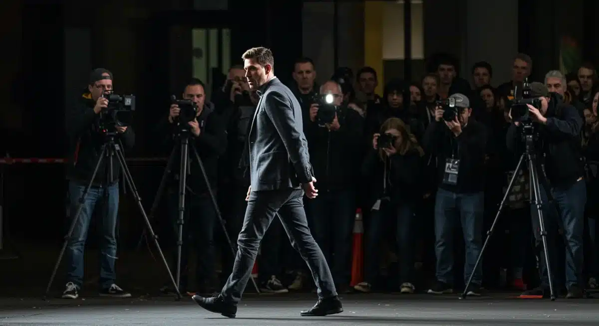 Celebrity avoiding paparazzi, showing the strain of public scrutiny.