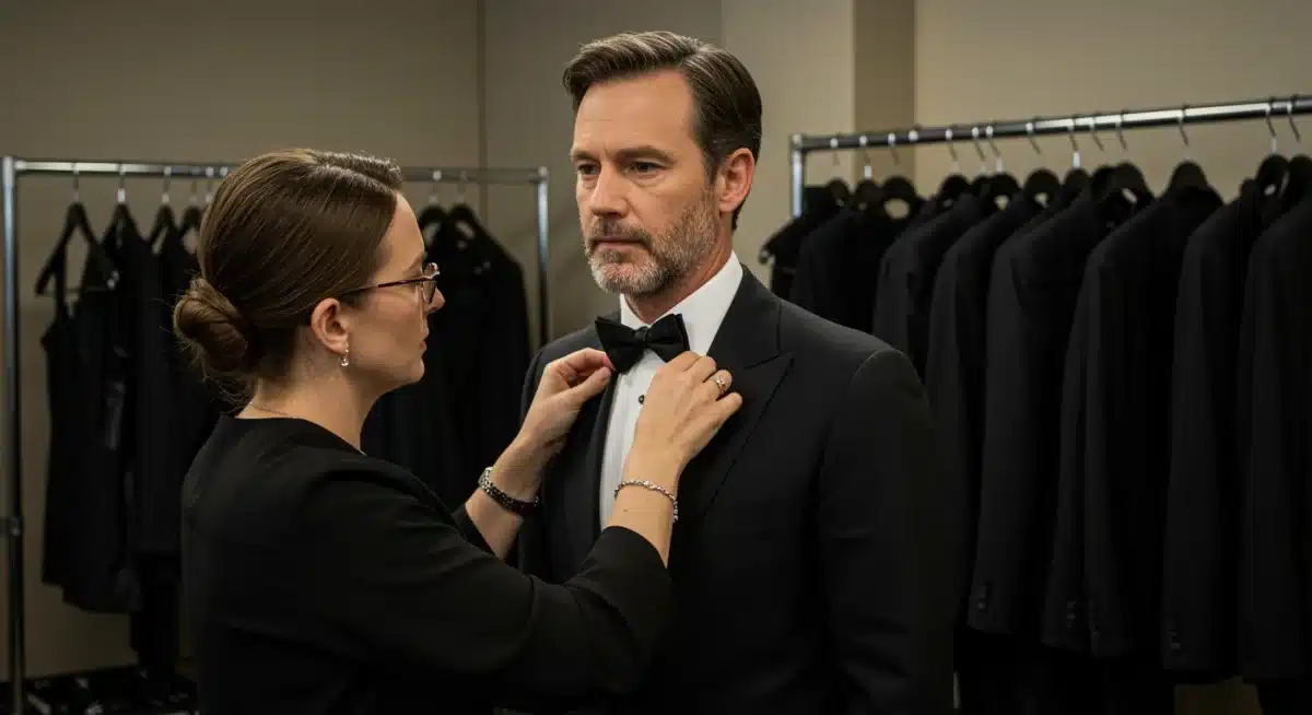 Celebrity stylist making final adjustments to an awards show outfit.