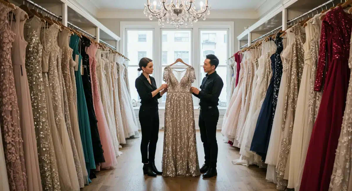 Luxury showroom with designer gowns for awards season.