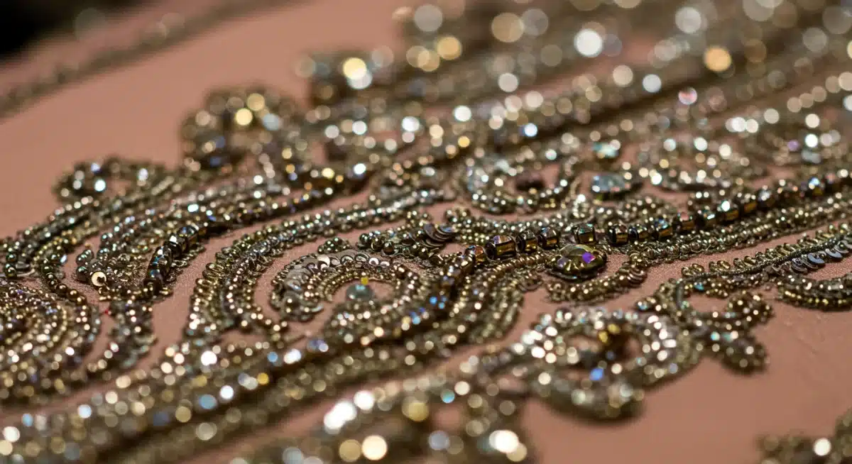 Intricate hand-embroidery on a luxury gown