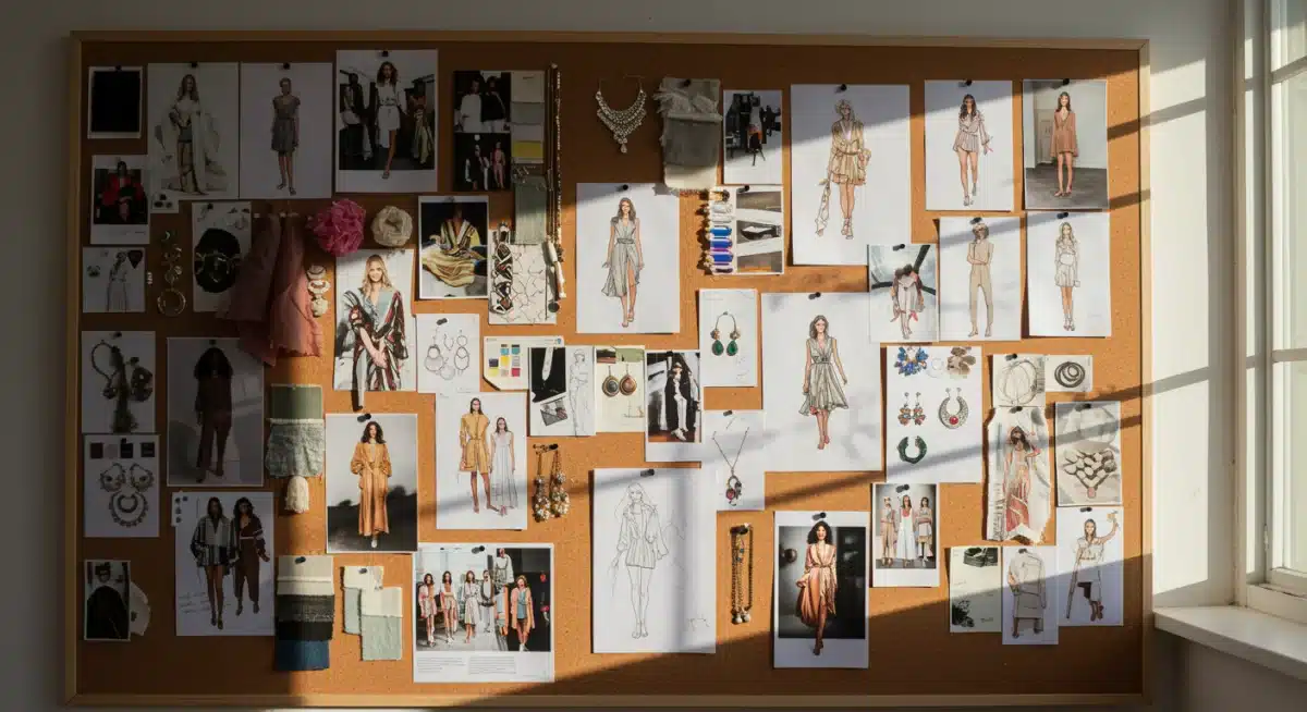 Stylist's mood board with fabric swatches and fashion inspirations.