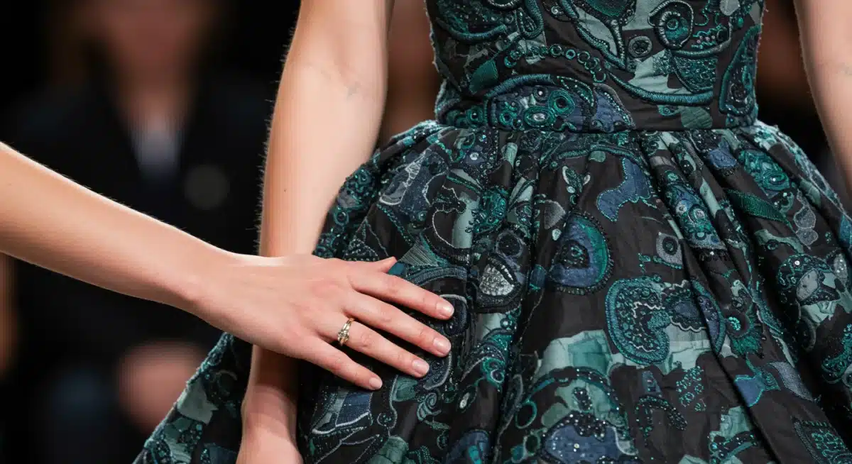 Upcycled textile gown on red carpet, showcasing sustainable design