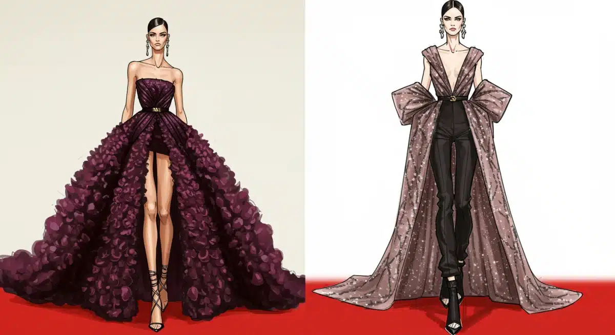 Futuristic fashion sketch by an innovative emerging designer for red carpet.