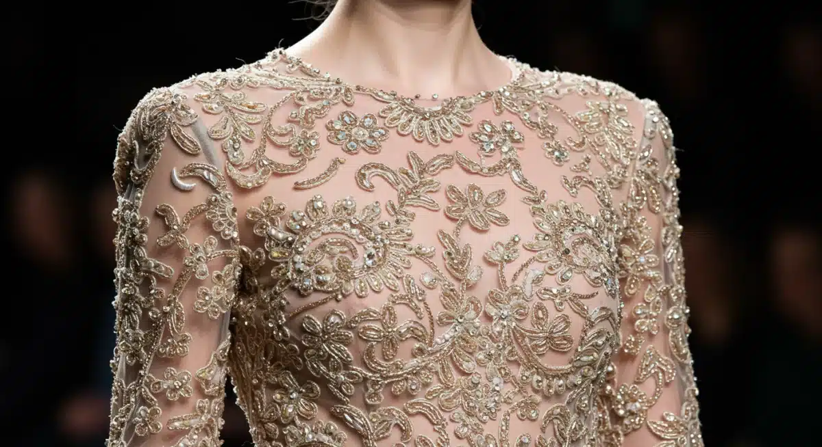 Intricate detailing on a couture gown by a rising red carpet designer.