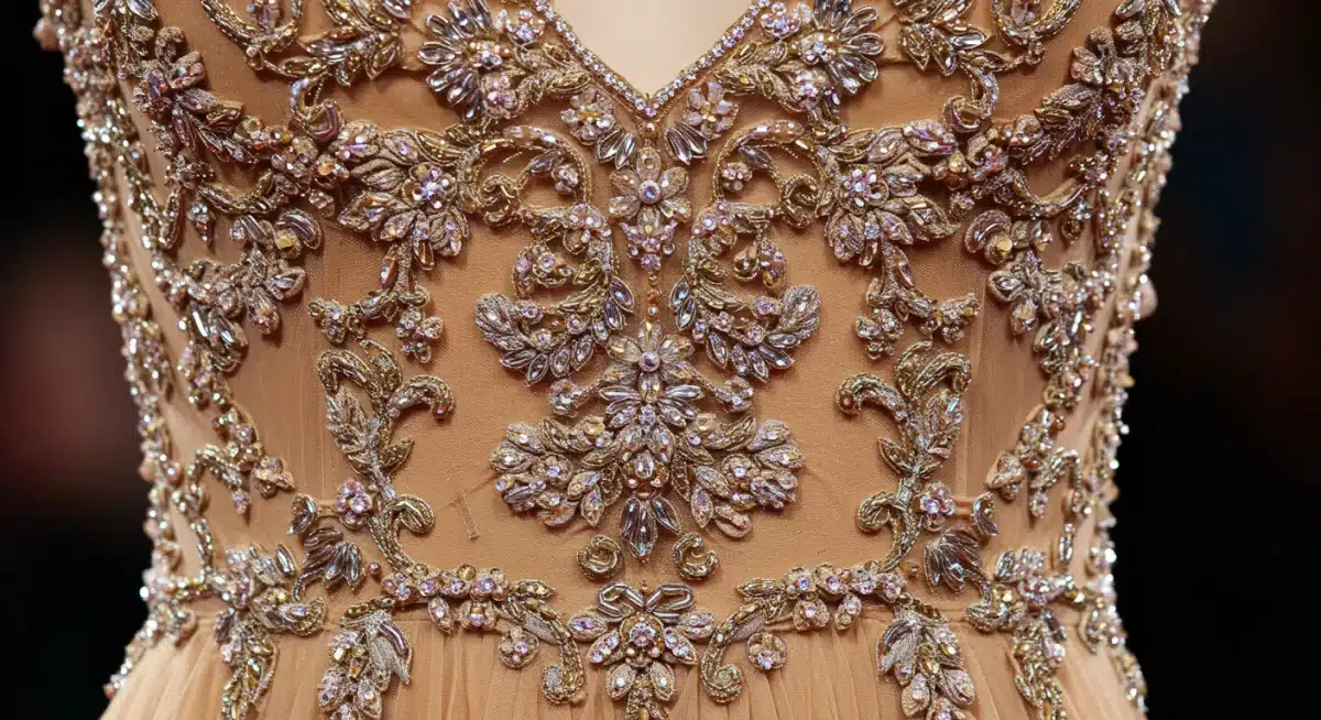 Detailed craftsmanship of a high-end red carpet replica gown