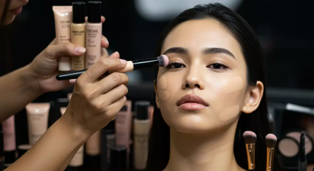 Makeup artist applying luxury foundation for flawless celebrity skin.