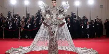 Model in avant-garde gown on red carpet, symbolizing 2026 Red Carpet Couture trends.
