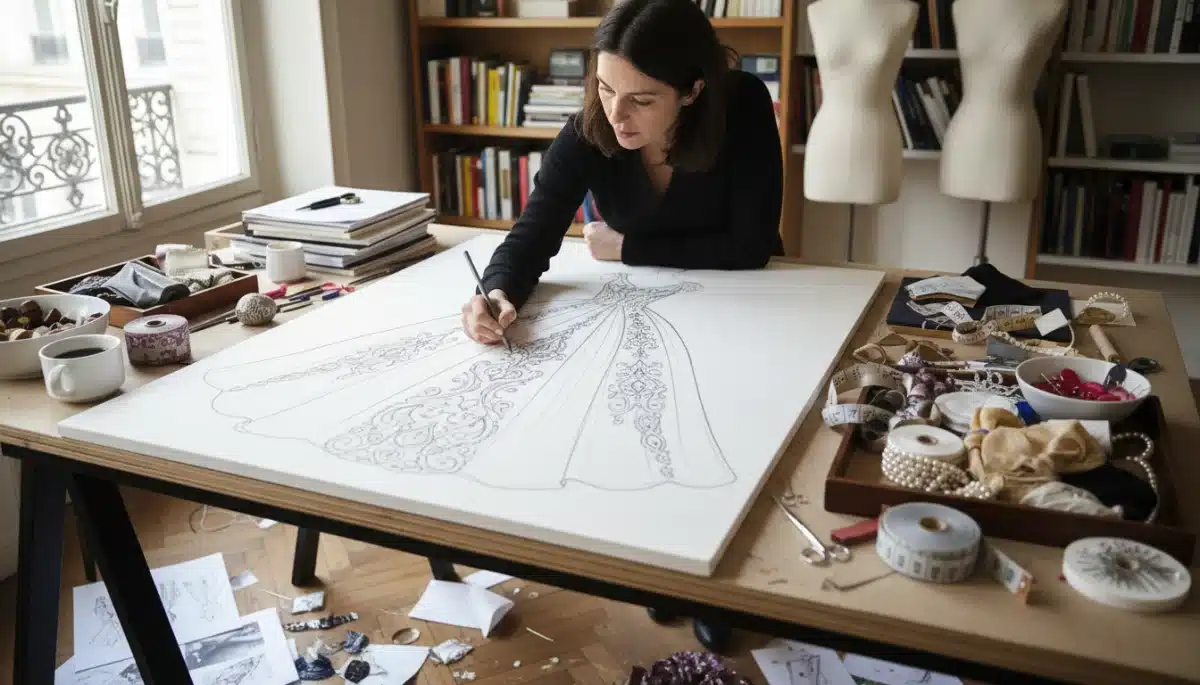 Designer sketching intricate gown details for 2026 Red Carpet Couture.