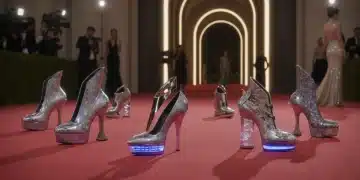 Futuristic statement shoes on a red carpet, showcasing intricate designs and luxurious materials.